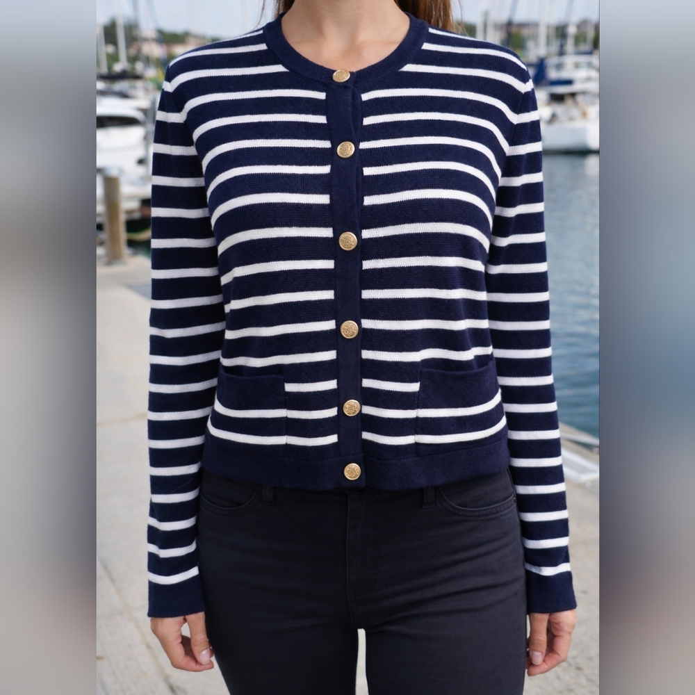 Nine West Sailor Stripe Button Down Sweater. Front Pockets. Resortwear